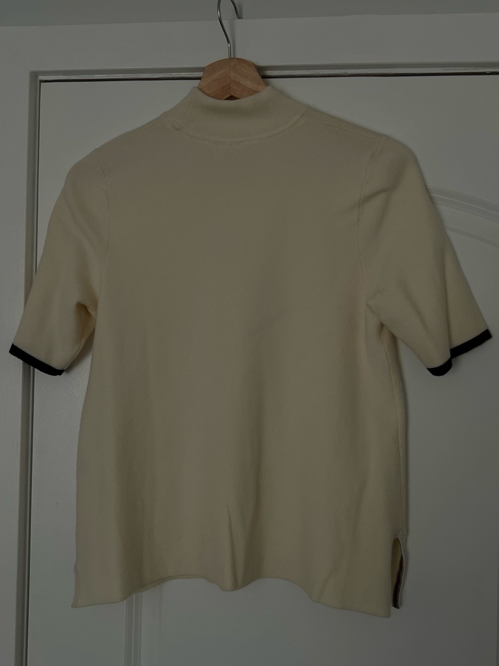 Anthropologie Cream Short Sleeve Knit Top with Black Detail
